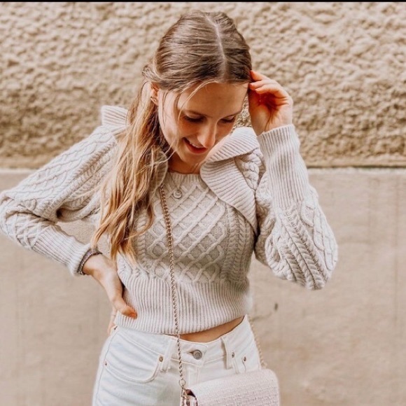 H&M Sweaters - H&M Cable Knit Flounced Ruffle Detail Long Sleeve Crop Sweater Light Tan Small
